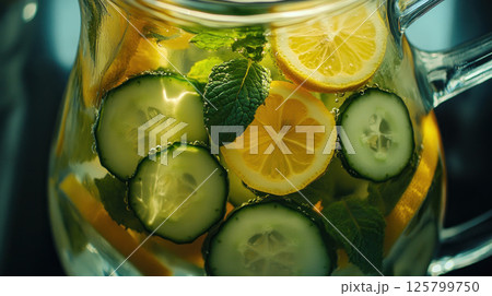 Refreshing cucumber, lemon, and mint infused water in a glass pitcher. Refreshing cucumber, lemon, and mint infused water in a glass pitcher. 125799750