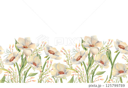 Botanical repeat border with soft creamy flowers and subtle green leaves isolated on white. Watercolor wild roses and wildflowers hand drawn for surface design, scrapbook paper, seamless background. Botanical repeat border with soft creamy flowers and subtle green leaves isolated on white. Watercolor wild roses and wildflowers hand drawn for surface design, scrapbook paper, seamless background. 125799789
