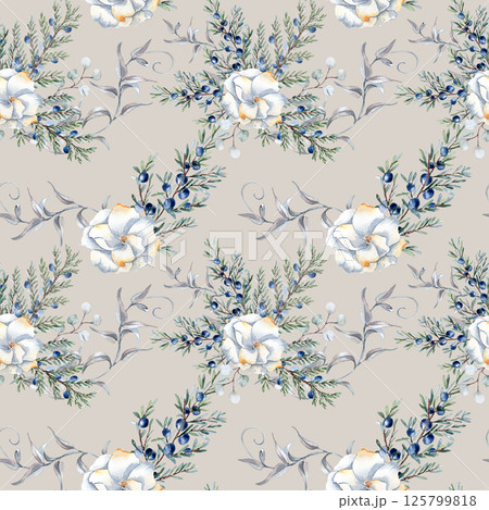 Pastel botanical pattern with delicate white flowers, juniper twigs, and leaves. Hand painted watercolor floral seamless print for textile, wrapping paper, elegant wedding invitations neutral colors. 125799818