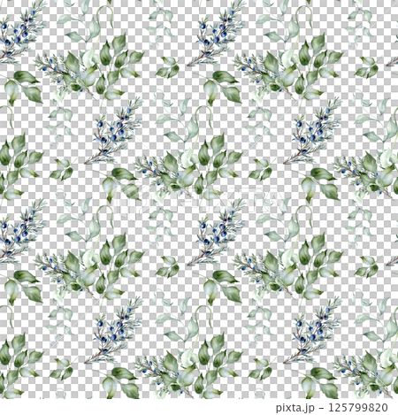 Botanical seamless pattern of watercolor greenery with holly, juniper, coniferous branches isolated. Delicate vines and leaves hand drawn in dusty green. Texture for designs textiles, wrapping paper. 125799820