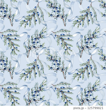 Watercolor juniper twigs, berries and blue ribbons seamless background. Delicate evergreen conifer repeated pattern for textile, wrapping paper, and botanical decor. Hand drawn nature plants design. Watercolor juniper twigs, berries and blue ribbons seamless background. Delicate evergreen conifer repeated pattern for textile, wrapping paper, and botanical decor. Hand drawn nature plants design. 125799821