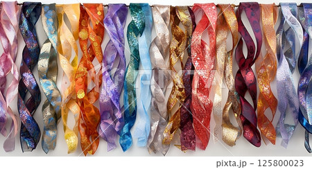 Assorted colorful decorative ribbons hanging from a bar creating a festive and vibrant display 125800023