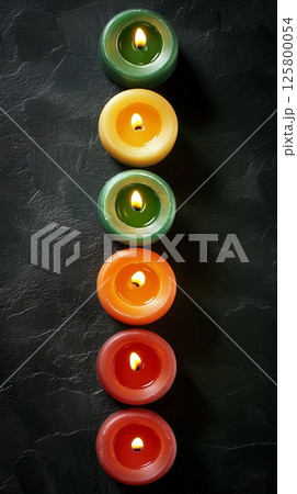 A vertical arrangement of colorful lit wax lights on a dark textured surface from a top down view 125800054