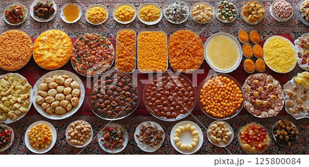 Overhead view of numerous plates filled with various foods arranged on a patterned tablecloth 125800084