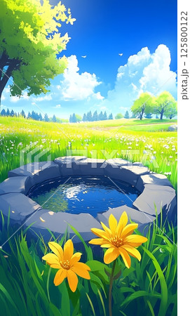 A stone well in a field of flowers with a blue sky and white clouds on a sunny day in a meadow A stone well in a field of flowers with a blue sky and white clouds on a sunny day in a meadow 125800122
