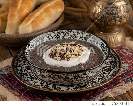 Close up of a bowl of food with bread and a teapot on a wooden table and patterned cloth setting Close up of a bowl of food with bread and a teapot on a wooden table and patterned cloth setting 125800141