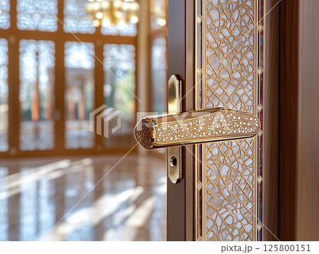 A detailed view of an ornate door with a golden handle in a luxurious interior setting, open slightly 125800151