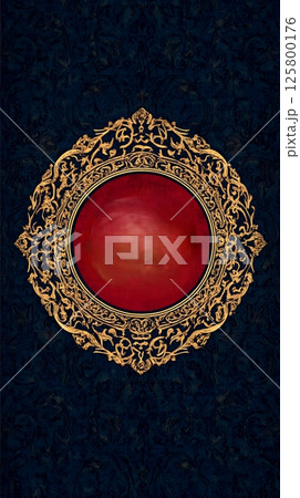 Ornate golden frame with red center on a dark blue textured background in a vertical format 125800176