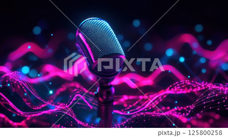 Retro microphone on vibrant neon waves. Retro microphone on vibrant neon waves. 125800258