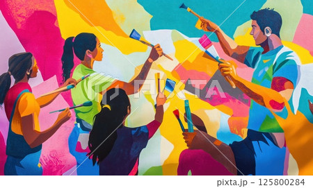 Diverse group painting vibrant mural together.のイラスト素材 [125800284] - PIXTA