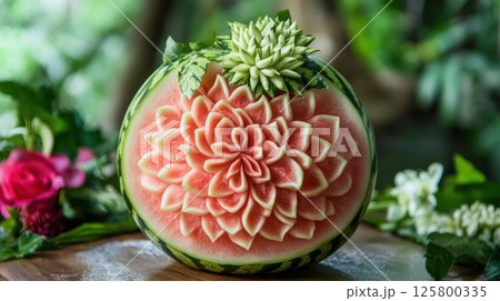 Intricate watermelon carving art, floral design. 125800335
