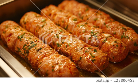 Close up shot of uncooked sausage links seasoned with herbs in a metal baking pan ready to be cooked 125800455
