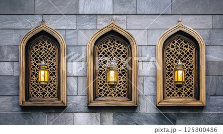 Three arched windows with intricate lattice and hanging lanterns on a stone brick wall design Three arched windows with intricate lattice and hanging lanterns on a stone brick wall design 125800486