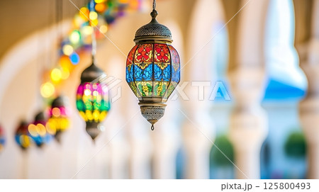 Close up of ornate hanging lanterns with colorful glass panels and blurred background elements shown 125800493