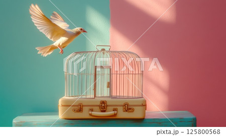 White dove taking flight from vintage suitcase birdcage against pastel background. White dove taking flight from vintage suitcase birdcage against pastel background. 125800568