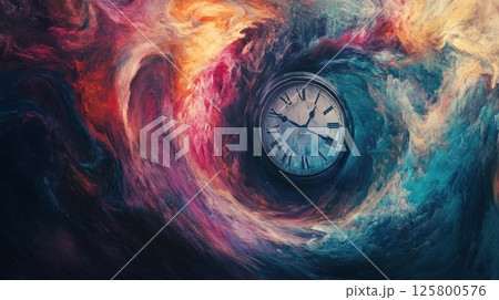 Clock swirling in vibrant, abstract nebula. Clock swirling in vibrant, abstract nebula. 125800576