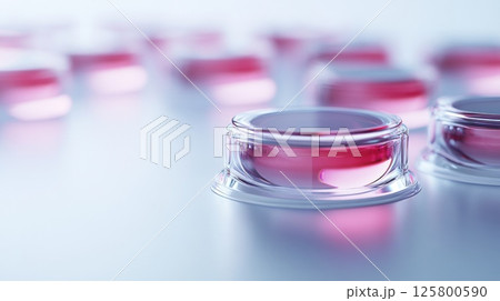 Close-up of pink liquid in glass containers. 125800590