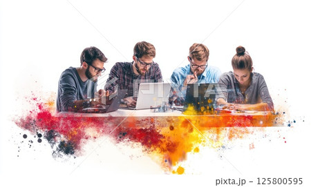 Four young professionals collaborate on laptops, immersed in creative work, depicted with vibrant paint splatter effect. Four young professionals collaborate on laptops, immersed in creative work, depicted with vibrant paint splatter effect. 125800595