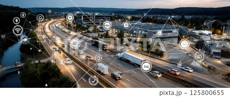 Vibrant urban landscape at night featuring internet network connections illustrating advanced technology in a smart city environment 125800655