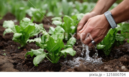A hand holds a meter to measure moisture in rows of growing vegetables on sunny farmland 125800704