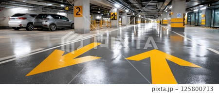 Well-lit underground parking lot features white arrow signs on a smooth floor, showcasing a clean and open environment 125800713