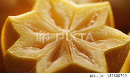 Close-up of a star fruit's cross-section, revealing its vibrant yellow interior and distinct star shape. 125800769