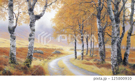 Autumn Birch Trees Winding Road Landscape Painting Art Fall Path Gold Gray View 125800910