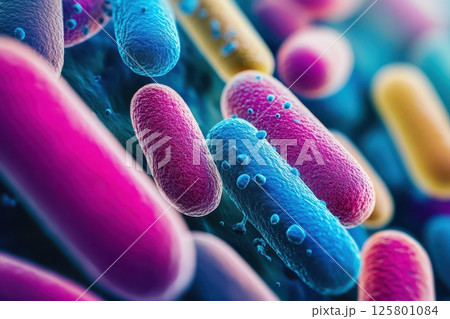 Colorful diverse bacteria under microscope 125801084