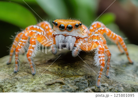 Bright orange spider rests on a rock in the garden 125801095