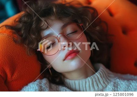 Young woman relaxing on orange couch with glasses 125801096