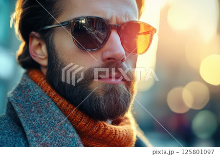 Man in sunglasses on sunset stroll 125801097