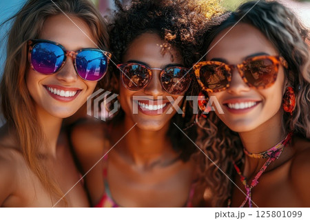 Friends enjoying a sunny day by the beach 125801099