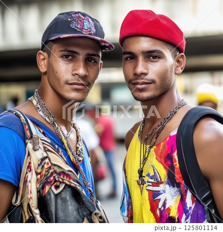 Young men showcase vibrant styles in urban setting Young men showcase vibrant styles in urban setting 125801114