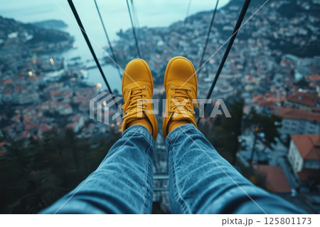 Feet dangling over scenic city views 125801173