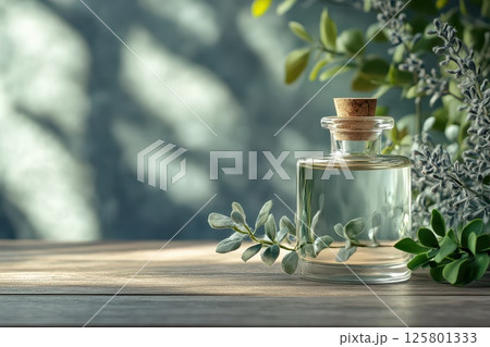 Fresh herbal oil displayed with green leaves Fresh herbal oil displayed with green leaves 125801333