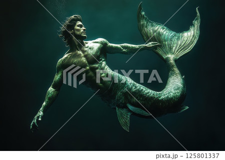 Merman swimming gracefully in deep dark waters Merman swimming gracefully in deep dark waters 125801337
