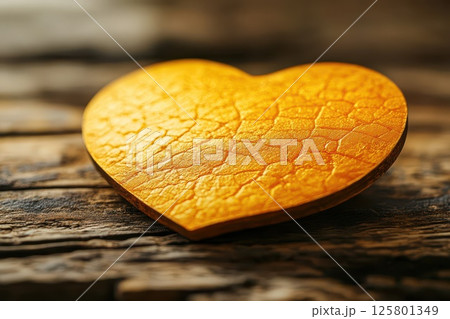 Golden heart shape rests on rustic wooden surface 125801349