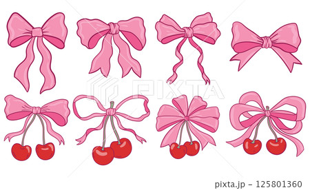 Set of colorful hand drawn coquette style bows and cherry bows, perfect for feminine, romantic, or playful decorative elements Set of colorful hand drawn coquette style bows and cherry bows, perfect for feminine, romantic, or playful decorative elements 125801360