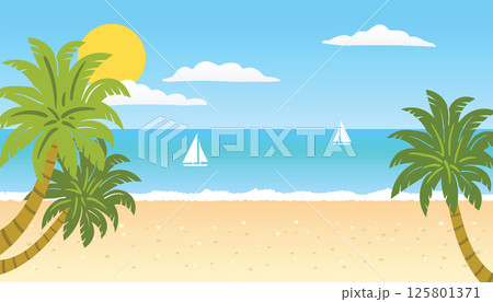 Summer Sea Beach Landscape featuring sunshine, blue sky, gentle ocean waves, palm trees, and golden sand, creating a serene tropical getaway mood Summer Sea Beach Landscape featuring sunshine, blue sky, gentle ocean waves, palm trees, and golden sand, creating a serene tropical getaway mood 125801371