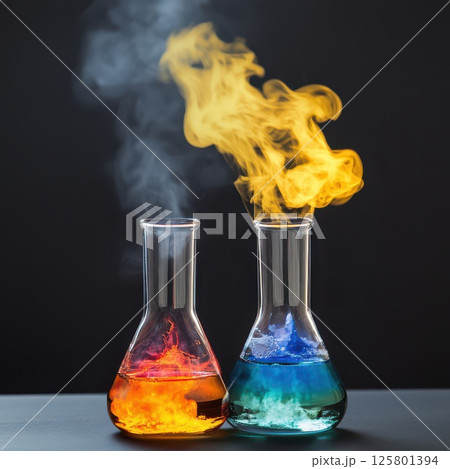 Colorful reactions in lab beakers 125801394
