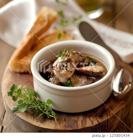 Delicious mushroom stew served with toasted bread Delicious mushroom stew served with toasted bread 125801434