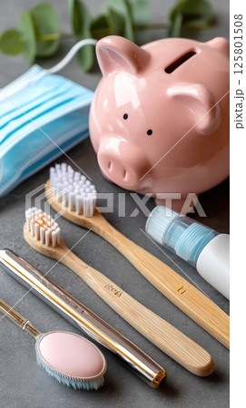Display dental care essentials like a toothbrush, floss, and a piggy bank against a vibrant blue background for budgeting tips Display dental care essentials like a toothbrush, floss, and a piggy bank against a vibrant blue background for budgeting tips 125801508