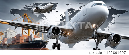 Cargo ship sits at a bustling container terminal while an airplane flies above a world map, showcasing global transportation connections 125801607