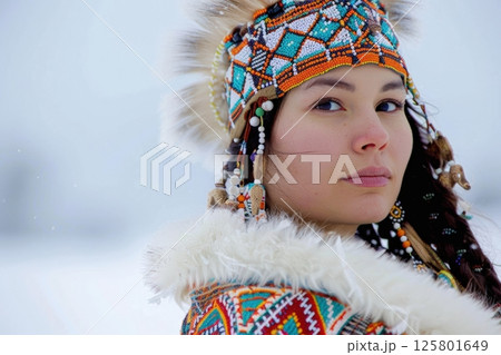 Canadian Indigenous Woman in Traditional Fur-Lined Attire 125801649