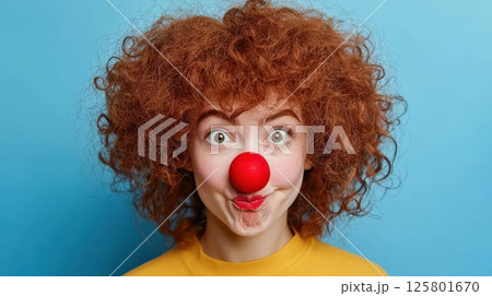 Playful Red-Haired Woman with Clown Nose 125801670