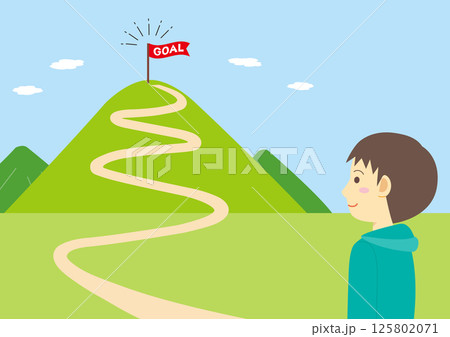 ゴール地点に旗がある山と男児のイラスト ゴール地点に旗がある山と男児のイラスト 125802071