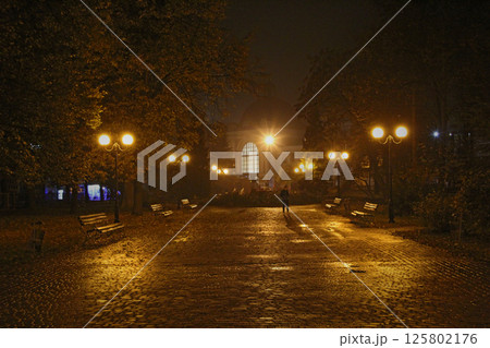 Night city park. Night street in city. Illuminated park. Evening town Night city park. Night street in city. Illuminated park. Evening town 125802176