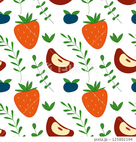 Summer berries seamless pattern. Strawberry, blueberry and apple. 125802194