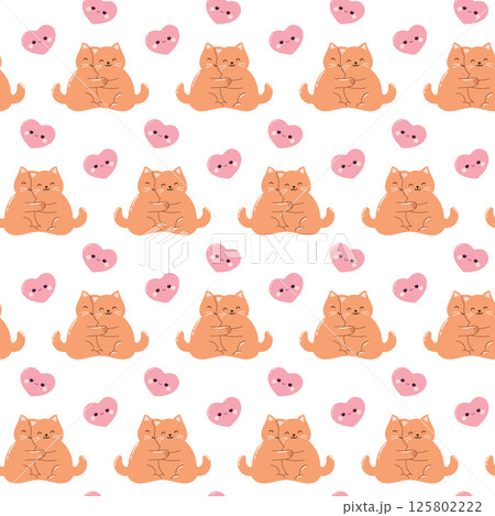 Seamless pattern with cute kawaii cat and heart. Cartoon characters. 125802222
