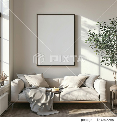 Mockup artist canvas in vertical format on beige background. format front view. Frame for design 125802260